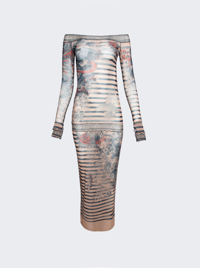 Shop Jean Paul Gaultier Mariniere Tattoo Maxi Dress In Nude And Blue