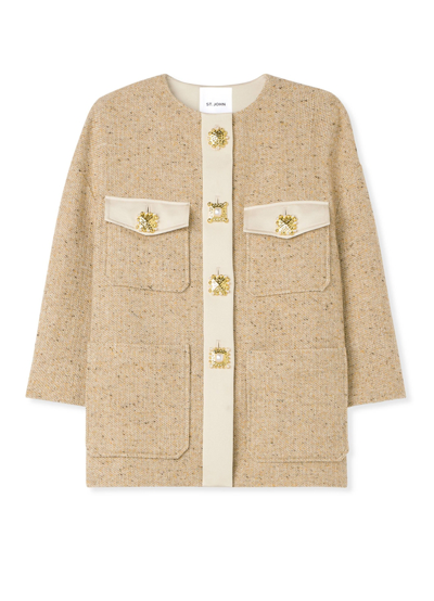 Shop St John Italian Tweed Contrast Trim Long Jacket In Light Sand