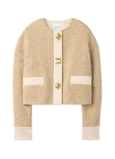 Shop St John Italian Tweed Contrast Trim Short Jacket In Light Sand