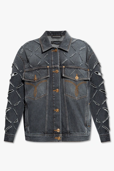Shop Versace Grey Oversize Denim Jacket In New