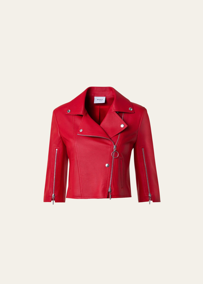Shop Akris Punto Perforated Nappa Leather Cropped Biker Jacket In Red