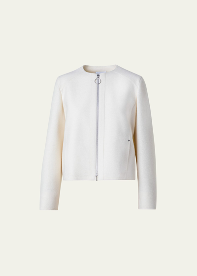 Shop Akris Punto Boiled Wool Felt Collarless Zip Jacket In Cream