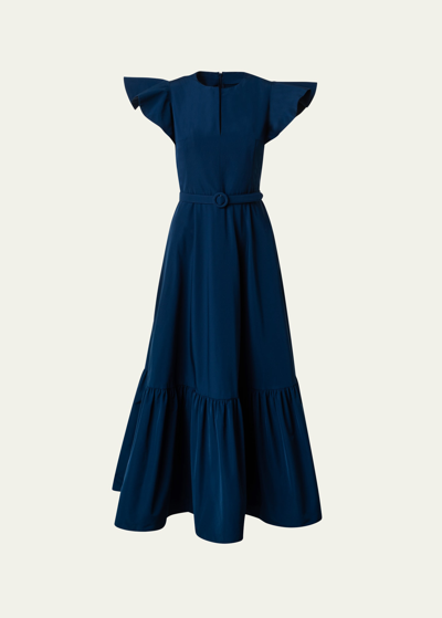 Shop Akris Punto Cap-sleeve Belted Tiered-hem Taffeta Midi Dress In Ink