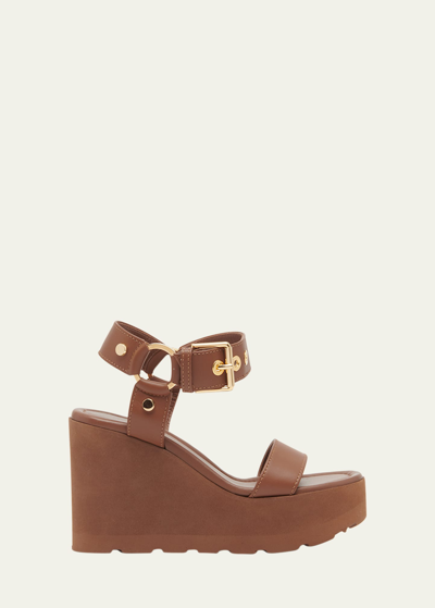 Shop Gianvito Rossi Leather Grommet Ankle-strap Wedge Sandals In Cuoio