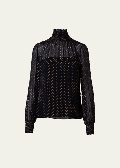 Shop Akris Punto Metallic Dot Devore Georgette Smocked Mock-neck Blouse In Black-gold