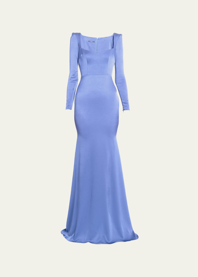 Shop Alex Perry Satin Crepe Angled Portrait Long-sleeve Gown In Periwinkle
