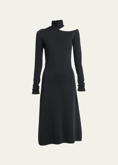 Shop Ferragamo Turtleneck Cold-shoulder Long-sleeve Midi Sweater Dress In Nero