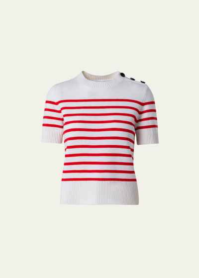Shop Akris Punto Kodak Stripe Short-sleeve Button-shoulder Cashmere Sweater In Cream-red