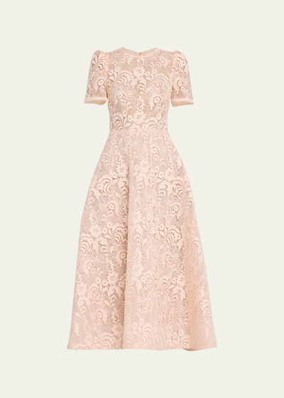 Shop Monique Lhuillier Lace Fit-flare Midi Dress In Blush Creme