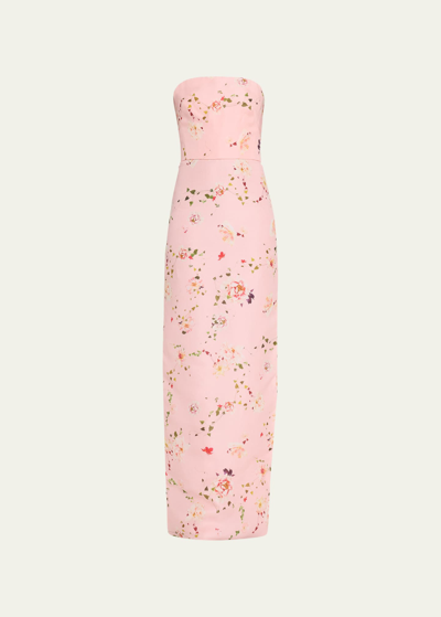 Shop Monique Lhuillier Strapless Floral Gazar Gown With Bustle Train In Peony Multi