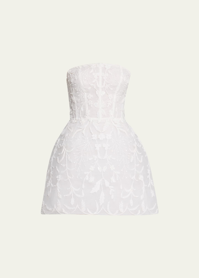 Shop Monique Lhuillier Floral-embroidered Strapless Dress With Structured Skirt In Silk White