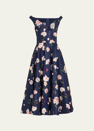 Shop Monique Lhuillier Floral-print Off Shoulder Fit-flare Dress In Navy Multi