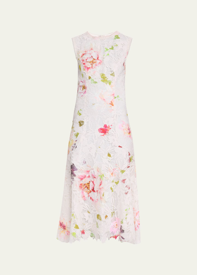 Shop Monique Lhuillier Floral Printed Lace Midi Dress In Silk White Multi