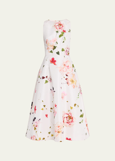 Shop Monique Lhuillier Fit-and-flare Floral Print Midi Dress In Silk White Multi