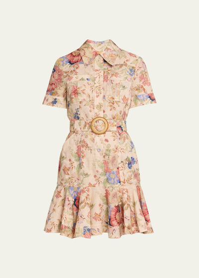 Shop Zimmermann August Floral Belted Mini Dress In Cream Floral