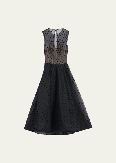 Shop Monique Lhuillier Dotted Tulle Midi Dress In Noir
