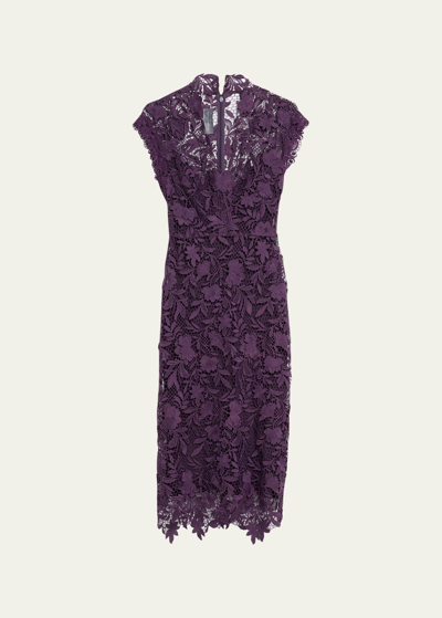 Shop Monique Lhuillier Lace Cap Sleeve Midi Dress In Grape