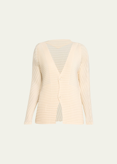 Shop Issey Miyake Wool Like Pleats V-neck Cardigan In Off-white