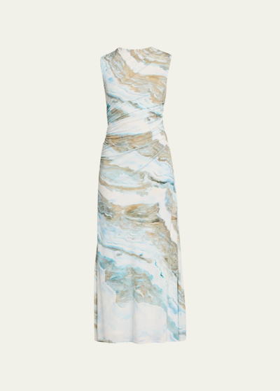 Shop Anna Quan Juniper Marble High-neck Ruched Maxi Dress In Agate