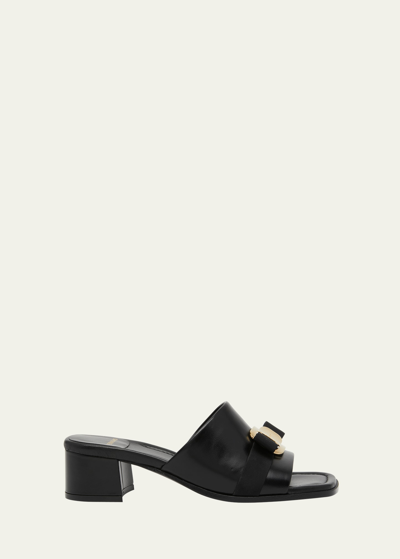 Shop Ferragamo Vilna Leather Bow Mule Sandals In Nero