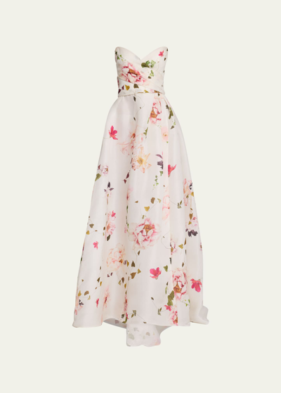 Shop Monique Lhuillier Floral-print Strapless Gown In Silk White Multi