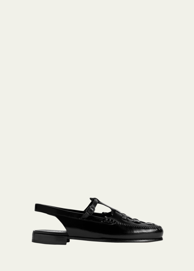 Shop Hereu Roqueta Woven Leather Slingback Loafers In Black