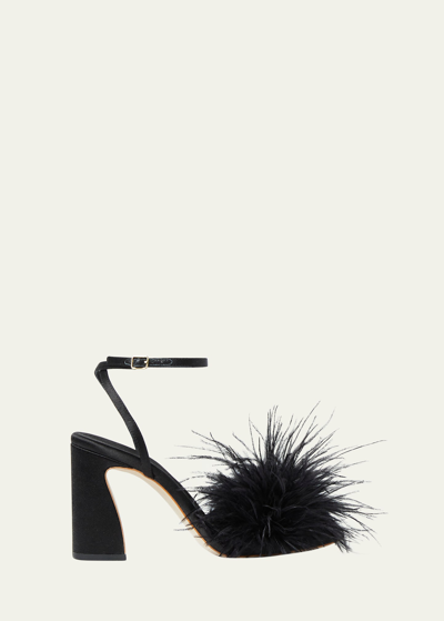 Shop Loeffler Randall Minerva Satin Ostrich Feather Sandals In Black