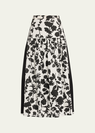Shop Max Mara Udente Floral-print Side-stripe Tiered Maxi Skirt In White Black
