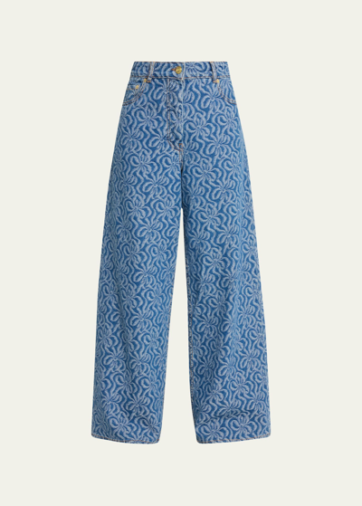 Shop Ganni Wide-leg Jacquard Denim Pants In Mid Blue Stone