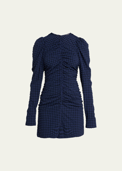 Shop Ganni Ruched Long-sleeve Seersucker Mini Dress In Deep Cobalt