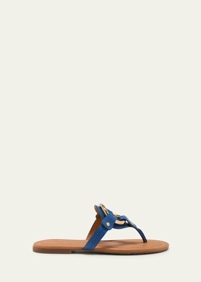 Shop See By Chloé Hana Ring Thong Leather Flat Sandals In Medium Blue