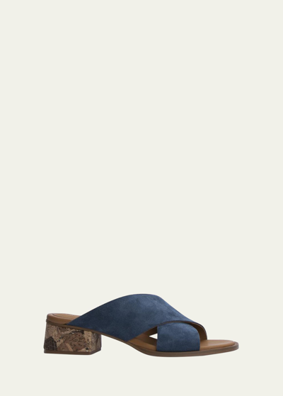 Shop See By Chloé Liana Cork-heel Suede Mule Sandals In Medium Blue