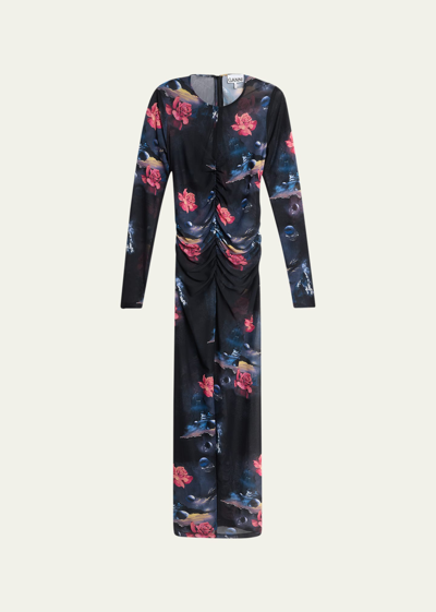 Shop Ganni Ruched Long-sleeve Floral Mesh Dress In Black
