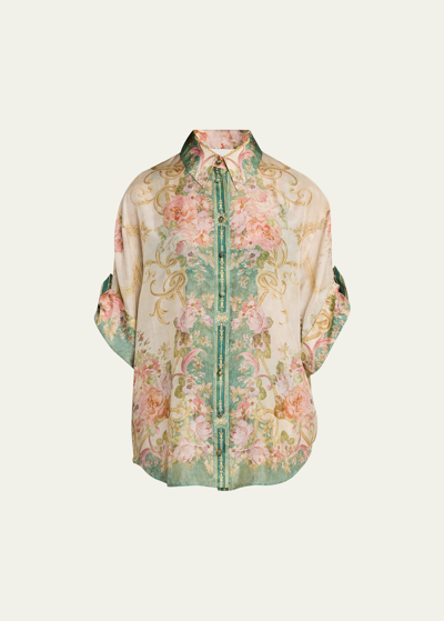 Shop Zimmermann August Short-sleeve Shirt In Khaki Floral