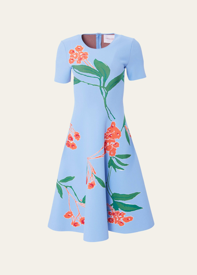 Shop Carolina Herrera Floral Intarsia-knit Flare Dress In Lake Blue Multi