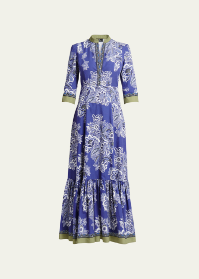 Shop Etro Bandana-print 3/4 Sleeve Midi Dress In Print On Blue Bas