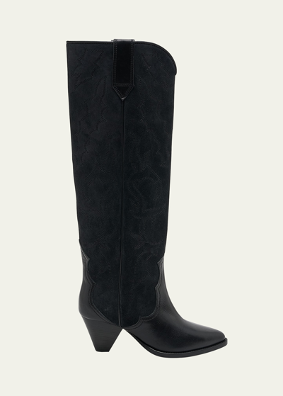 Shop Isabel Marant Liela Suede Western Over-the-knee Boots In Blackfaded Black