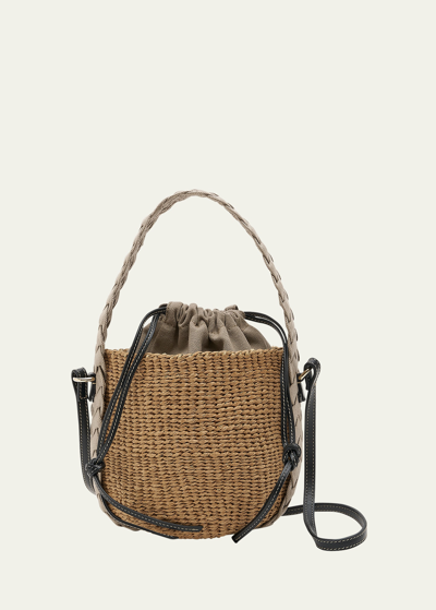 Shop Chloé Woody Braided Straw Basket Bucket Bag In 089 Pastel Grey
