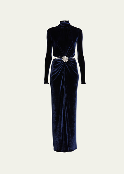 Shop Rabanne Mock-neck Velvet Ruched Cutout Gown With Crystal Accent In Navy Poseidon