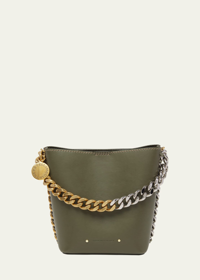 Shop Stella Mccartney Two-tone Chain Vegan Leather Bucket Bag In 3220 Military Gre