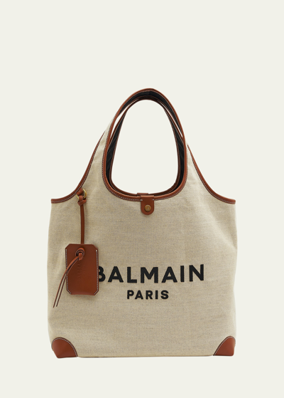 Shop Balmain B Army Logo Canvas Shopper Tote Bag In Gem Naturelmarron