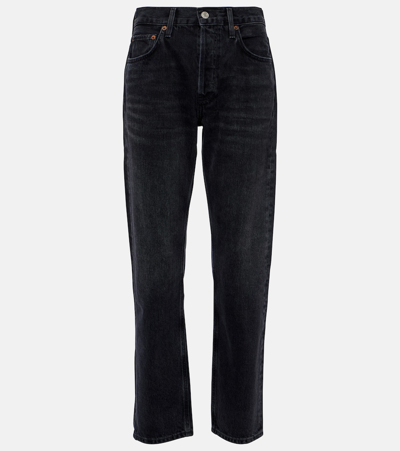 Shop Agolde Parker Long Mid-rise Straight Jeans In Black