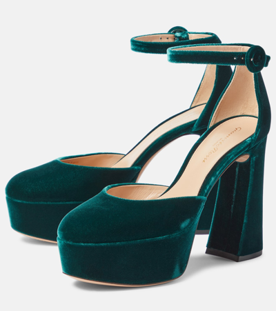 Shop Gianvito Rossi Holly D'orsay Velvet Platform Pumps In Green