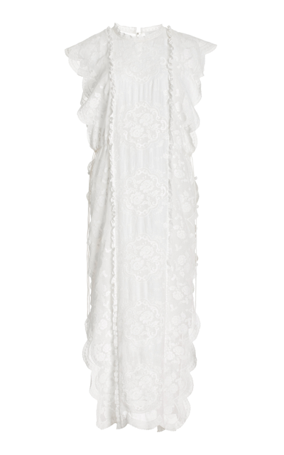 Shop Zimmermann Alight Ruffled Lace Ramie Midi Dress In Ivory