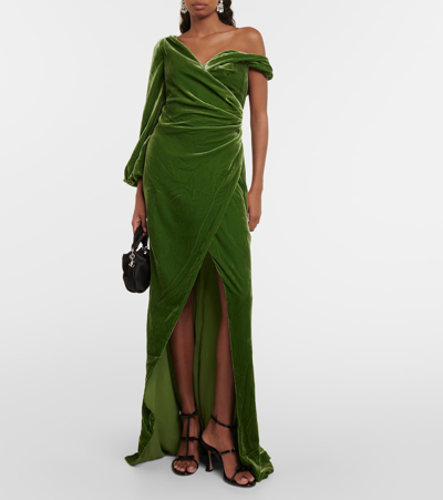 Shop Costarellos Rubinia Silk-blend Velvet Gown In Green