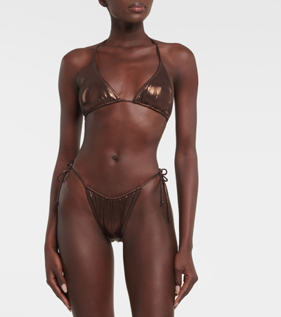 Shop Norma Kamali String Metallic Bikini Top In Brown
