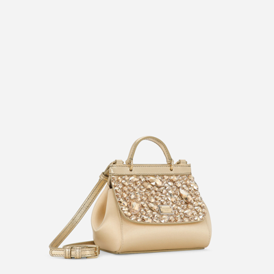Shop Dolce & Gabbana Satin Mini Sicily Handbag In Gold