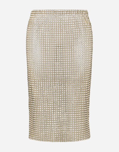 Shop Dolce & Gabbana Tulle Calf-length Skirt With All-over Fusible Rhinestone Embellishment In Crystal