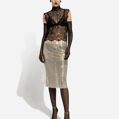 Shop Dolce & Gabbana Tulle Calf-length Skirt With All-over Fusible Rhinestone Embellishment In Crystal
