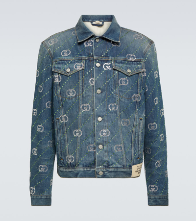 Shop Gucci Interlocking G Crystal-embellished Denim Jacket In Blue